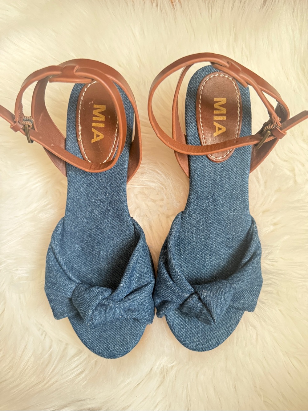 MIA Denim Knot Front Ankle-Strap Sandals in Brown and Blue